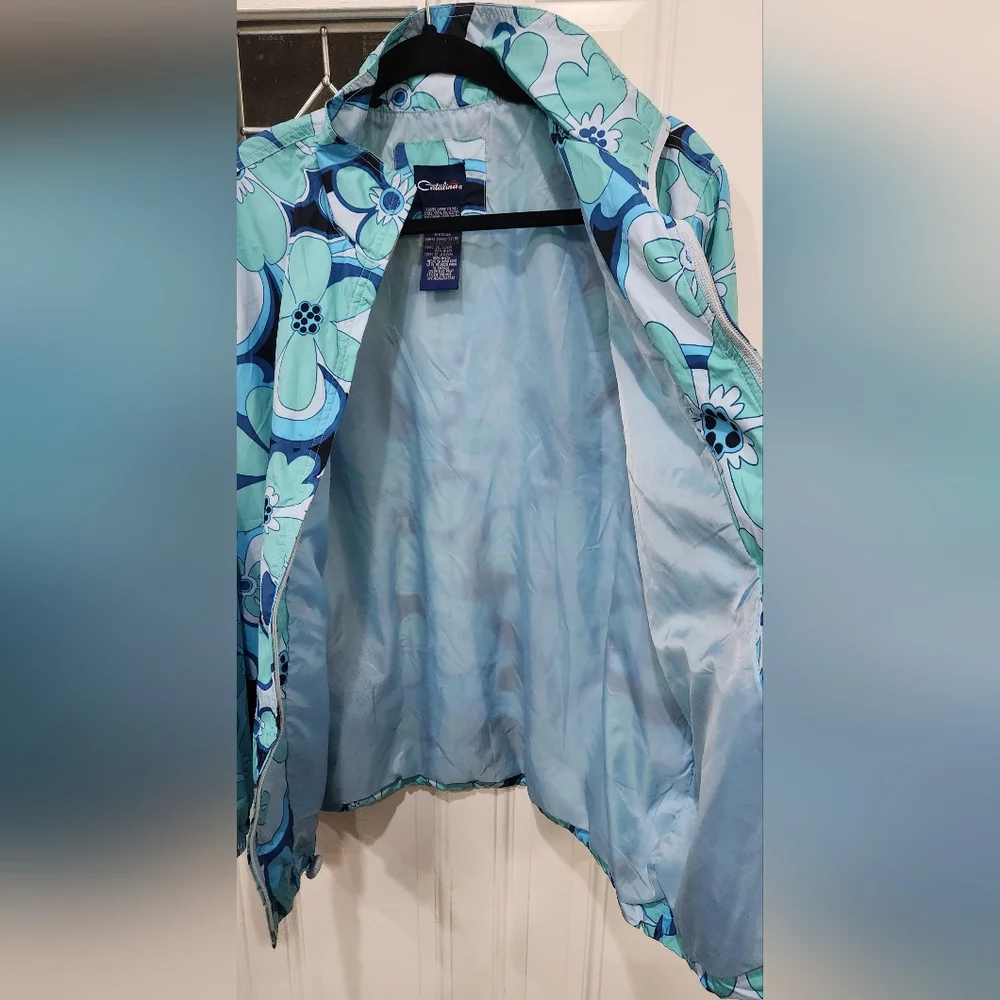 Catalina blue floral print windbreaker women's size Large 12/14